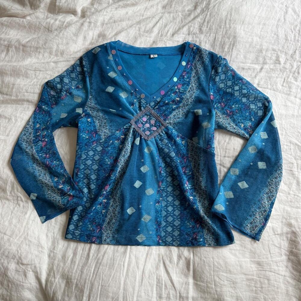 Y2k blue beaded and sequined blue micro mesh top